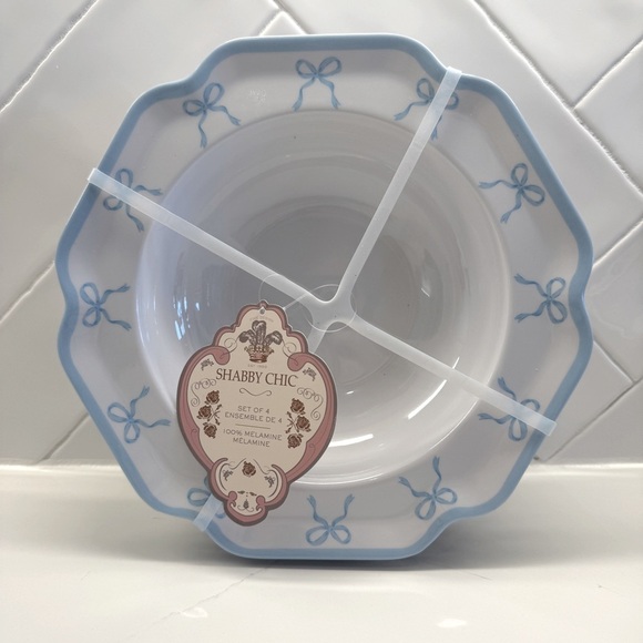 Shabby Chic Blue Coquette Bow Melamine Bowl Set of 4 Scalloped Edge VTG Style - Picture 1 of 6